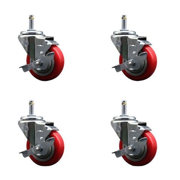 Service Caster 3.5'' Red Poly Swivel 7/16'' Grip Ring Stem Caster Set with Brake, 4PK SCC-GR20S3514-PPUB-RED-TLB-716138-4 - main
